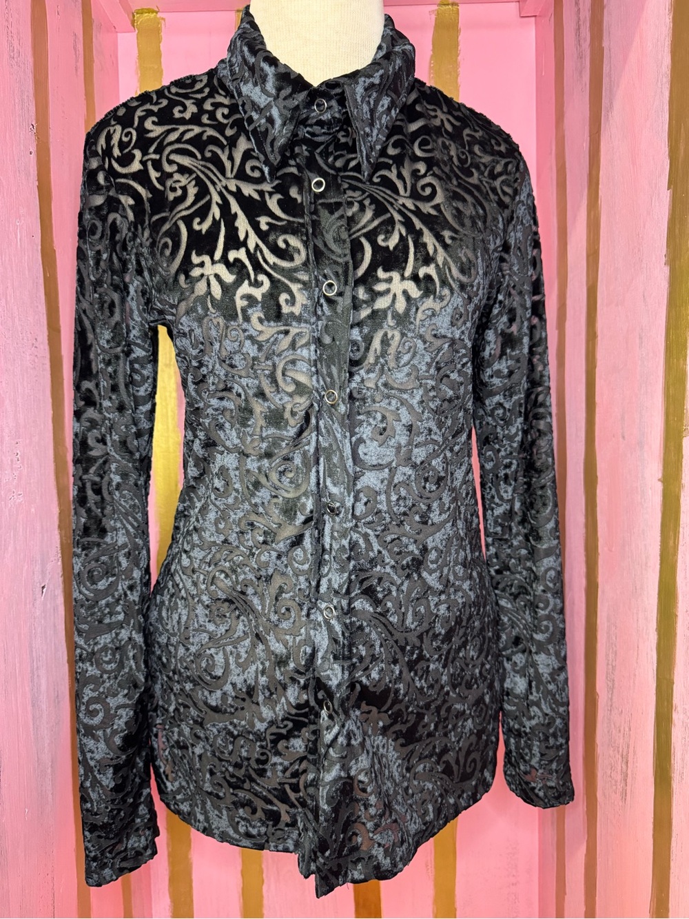 Necessary Objects Black Velvet Burnout Long Sleeve Shirt - Y2K